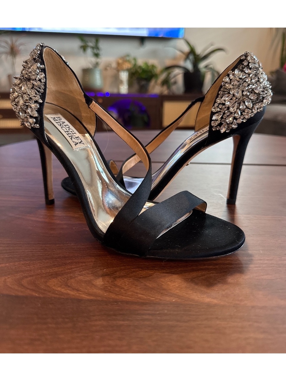 Badgley Mischka Black Satin Crystal Embellished High Heel Sandals